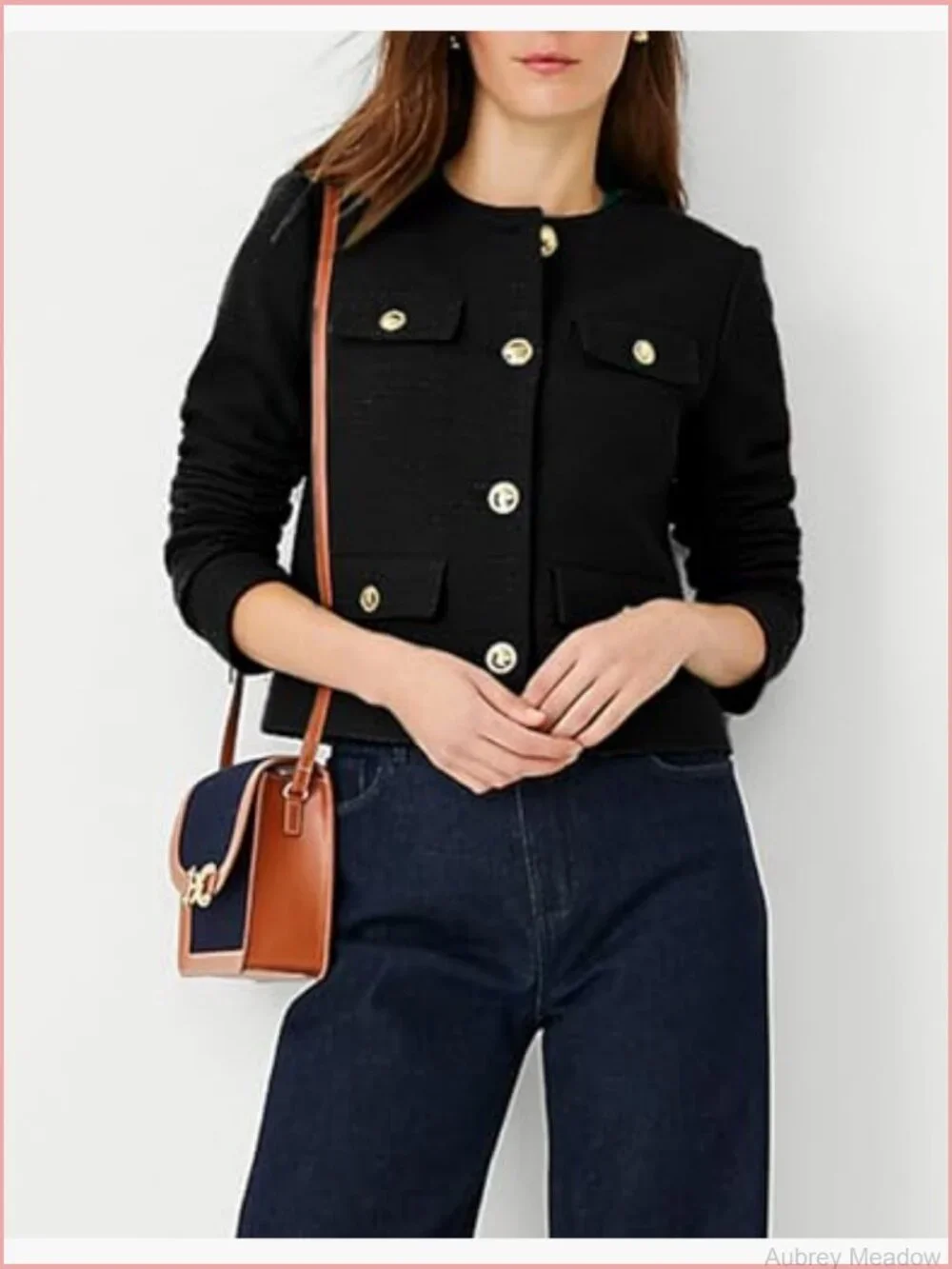 Cropped Tweed Blazer Jacket Womens Slim Collarless Business Casual Long Sleeve